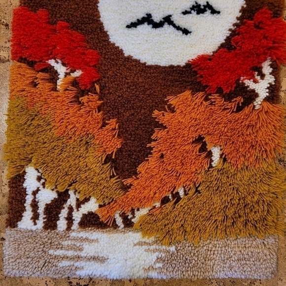 Mid Century Shag Rug Wall Hanging Hook Loop Woven Autumn Birds Moon/Sun 36x24 - Picture 4 of 13